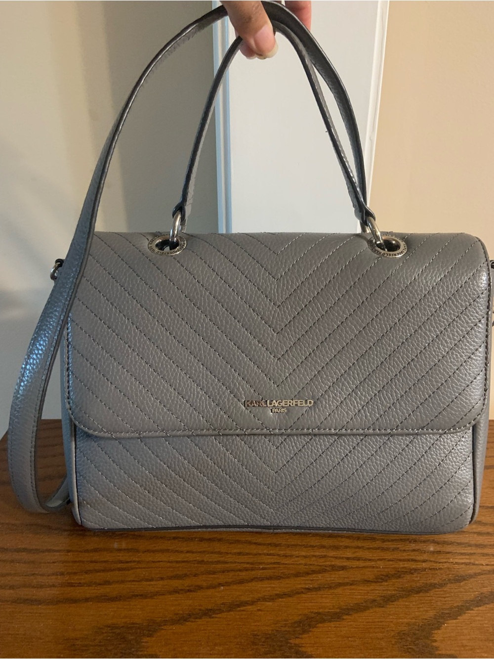 Karl Lagerfeld Gray Quilted Leather Satchel genuine leather bag
